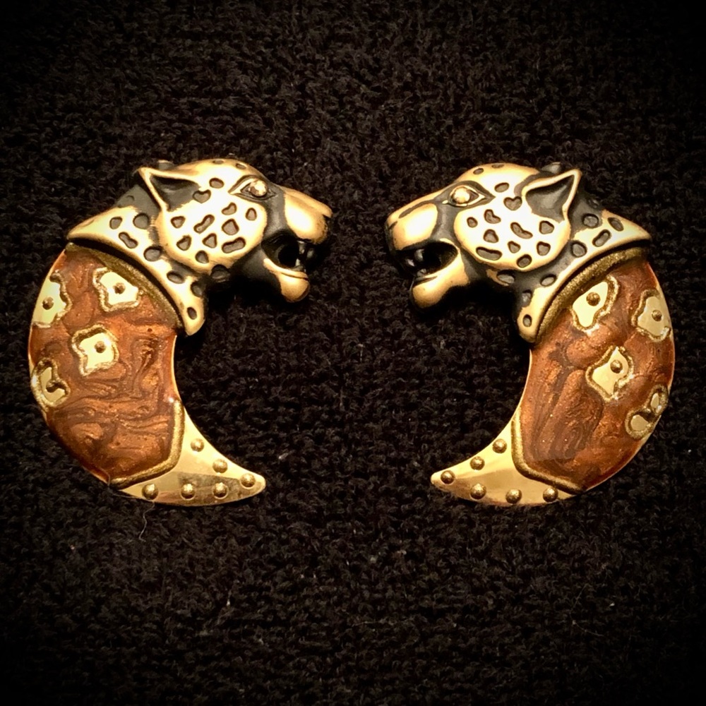 Vintage Bronze Brass Brown Enamel Cheetah Leopard Earrings